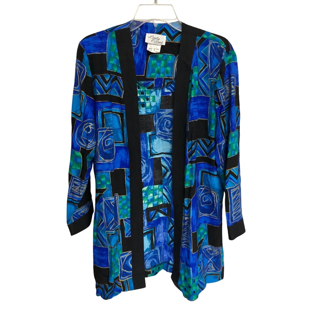 Lady Carol of New York Jacket Womens 8 Perfect Blue Black Pattern Silky VNTG 90s